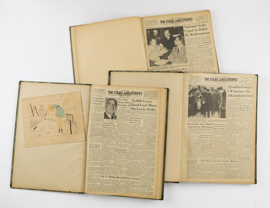 STARS AND STRIPES BOUND VOLUMES: Lot of three bound volumes containing postwar issues of the U.S Army newspaper Stars and Stripes, occupied Germany and European editions, the first issue dated February 21, 1946, the first volume labe