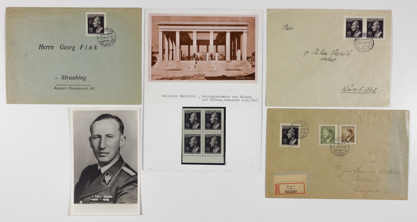 (GERMAN POSTAL HISTORY) REINHARD HEYDRICH: Lot of four items incorporating the stamp picturing notorious assassinated SS leader REINHARD HEYDRICH (1904-1942). Includes: block of four unused stamps with original gum, and three postally-used env