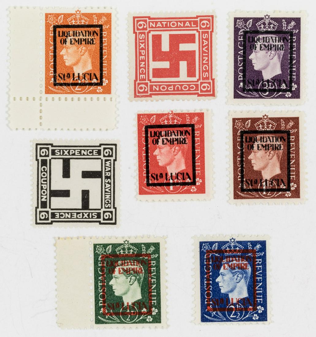 (GERMAN PROPAGANDA STAMPS) "LIQUIDATION OF EMPIRE ST.: Rare set of the six King George VI propaganda forgeries bearing the rare 'LIQUIDATION OF EMPIRE ST. LUCIA' overprint. These forgeries added a Star of David to the top of the king's crown and a hammer 
