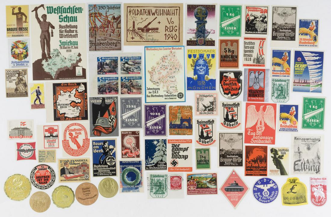 (PROPAGANDA STAMPS) NAZI HOME FRONT PROPAGANDA STAMPS: Large grouping of approx. 60 Nazi 'home front' propaganda and postage stamps from a huge range of sources, including the S.A., party days, newspapers, Hitler, the soldiers' Christmas, workers, etc. Co