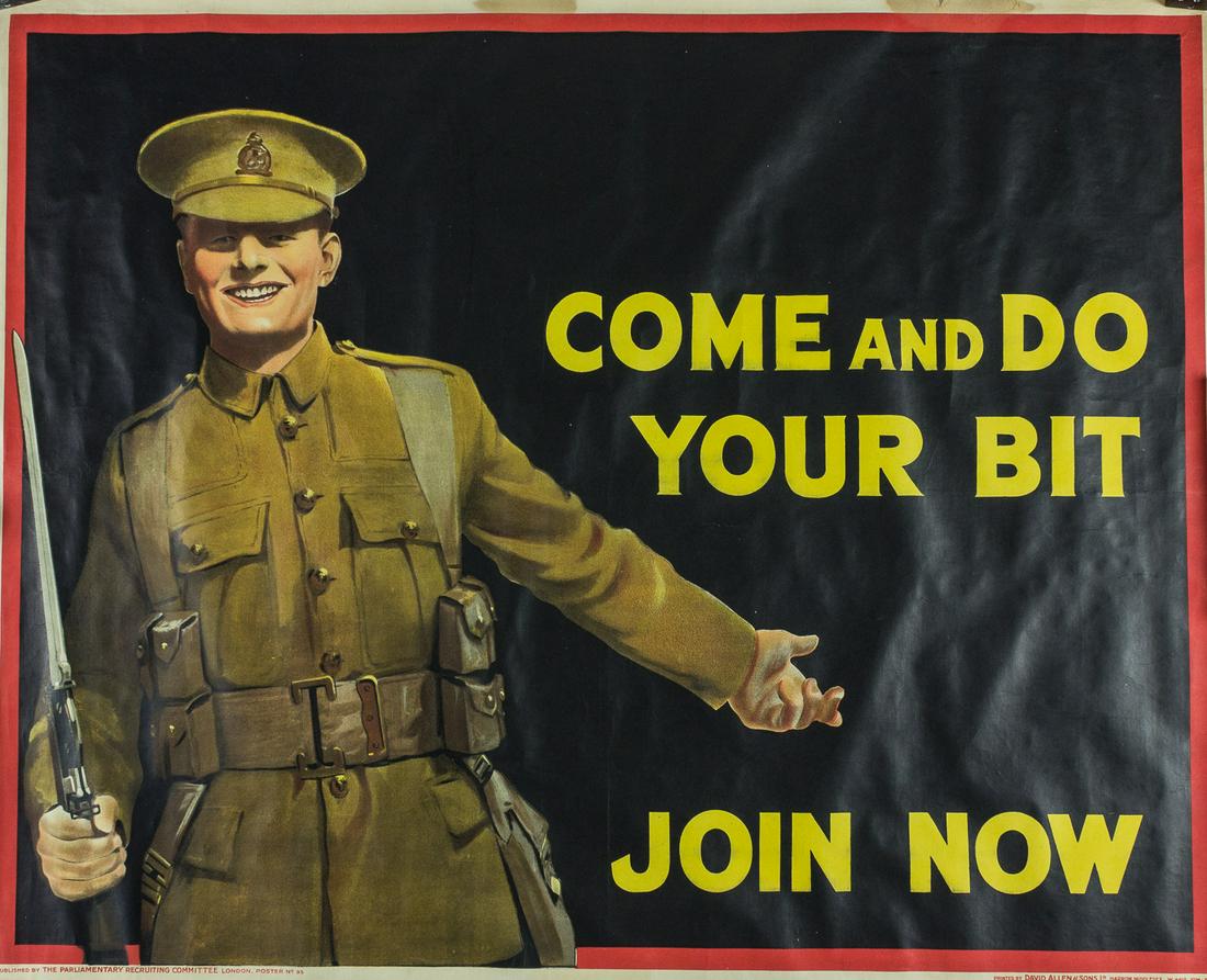 BRITISH ARMY RECRUITING POSTER: "COME DO YOUR BIT": Large-scale World War I poster, 49.5 x 40 in., depicting a smiling British Army soldier beside the exhortation 'Come Do Your Bit - Join Now'. A publishing line at the botom edge indicates that the pos