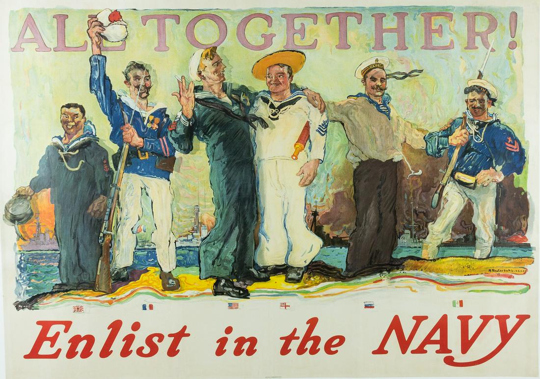 ALL TOGETHER! NAVY RECRUITMENT POSTER: Attractive World War I recruitment poster for the U.S. Navy, 30.5 x 42.75 in., titled 'All Together!' and depicting sailors of the Entente nations - Japan, France, the United States, Great Britain, Ru