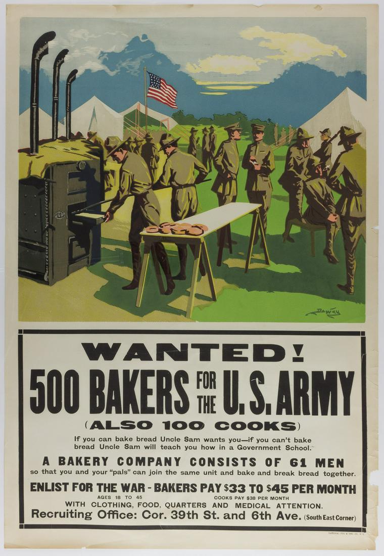 U.S. ARMY BAKERS RECRUITING POSTER: Unusual World War I recruiting poster, 41 x 28 in., featuring an illustration of a field bakery bearing the printed artist's signature 'Dewey' at lower right, and soliciting 500 bakers and 100 cooks f