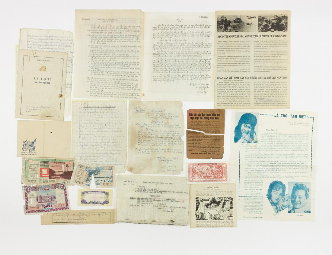 VIETNAM WAR PROPAGANDA LEAFLETS, DOCUMENTS AND EPHEMERA: Large group of eighteen documents and pieces in ephemera in Vietnamese, including handwritten and typed minutes, membership applications and other documents related to the People's Revolutionary Party