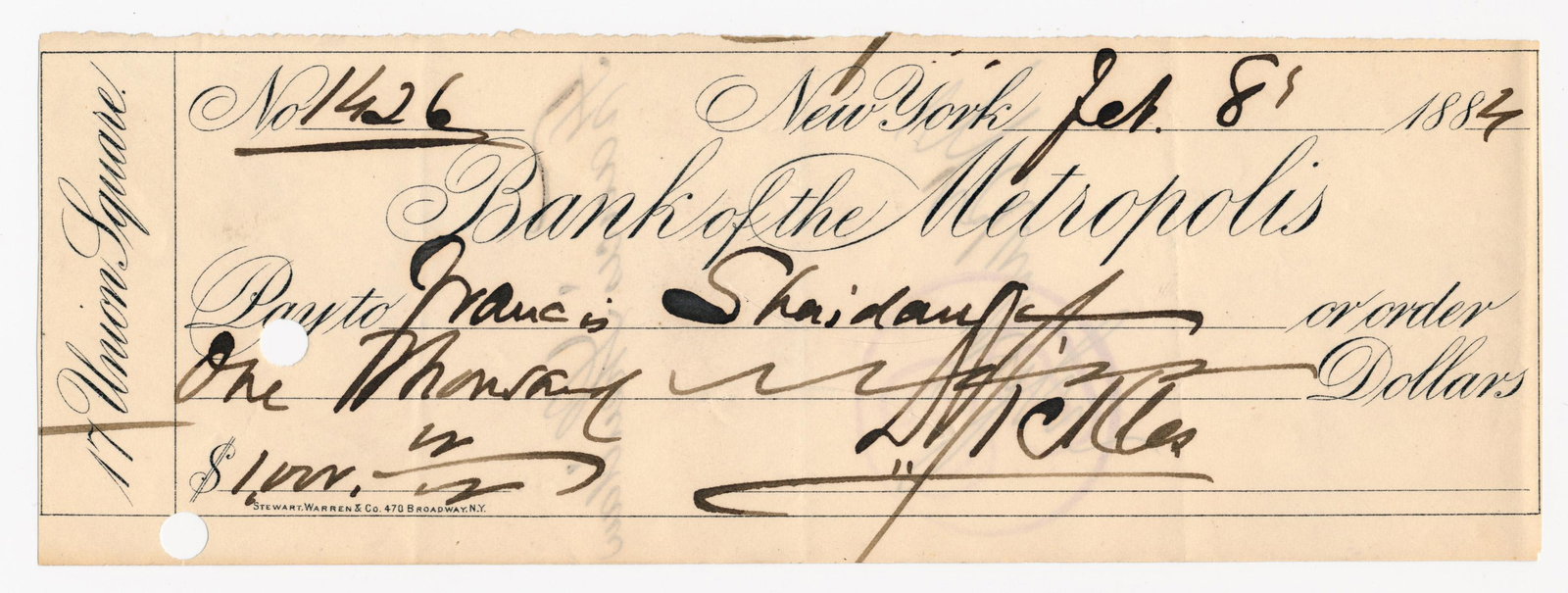 DANIEL SICKLES: (1825-1914) Union major general who commanded a brigade at Chancellorsville and Gettysburg, where his rash advance in the Peach Orchard nearly caused a Union rout. Partly-printed D.S., 1p. oblong 12mo