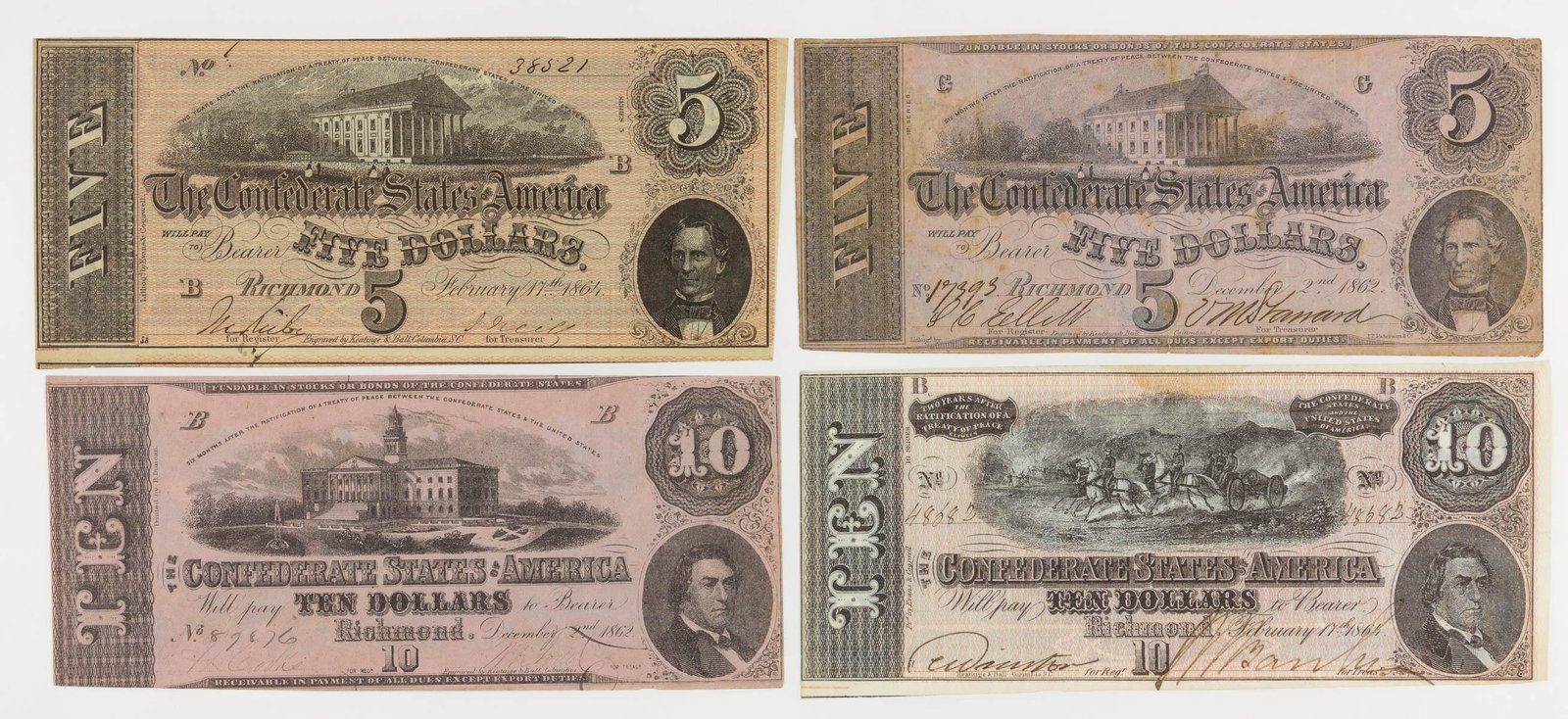 CONFEDERATE CURRENCY (4): Good lot of four Confederate banknotes, includes: a T-53 Richmond 1862 $5.00 note, a T-69 Richmond 1864 $5.00 note, a T-52 Richmond 1862 $10.00 note and a T-59 Richmond 1864 $10.00 note. Condition gen