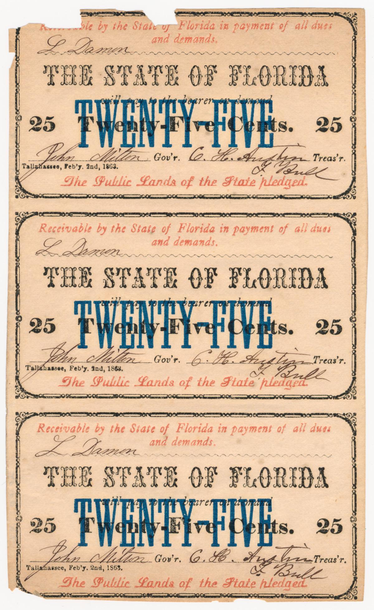C.S.A. FLORIDA 25 CENT NOTES, THREE UNCUT: Confederate currency, three uncut State of Florida 25 cent notes, Tallahassee, Feb. 2, 1863, ostensibly signed by Gov. JOHN MILTON. Some toning, the top note slightly chipped along its top margin.