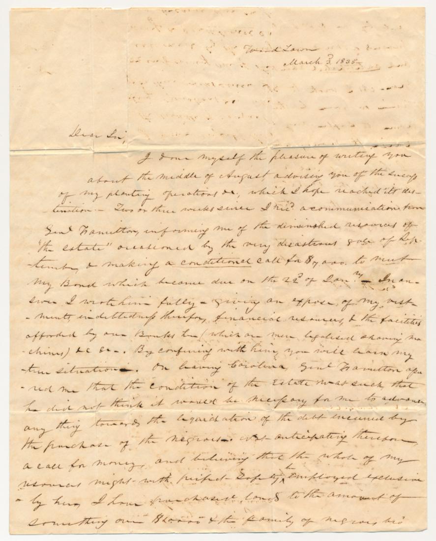 A TENNESSEE PLANTER RUNS OUT OF MONEY AFTER PURCHASING: Southern slave content A.L.S., 2pp. 4to., Woodlawn, [Tenn.], March 3, 1835, from a written a certain J. Q. Hays, to N. Russell Middleton of Charleston, reading in part: 'â€¦on leaving Carolina, Ge