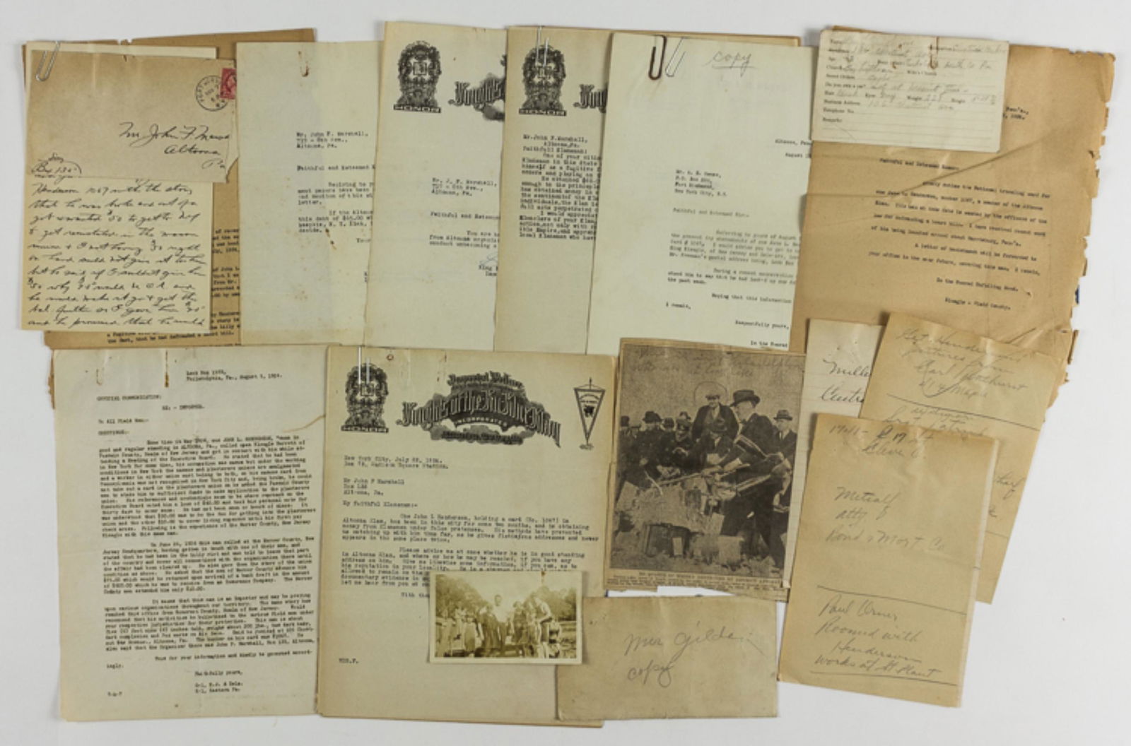 KLANSMAN IS BANISHED FOR DEFRAUDING FELLOW KLANSMEN: Fascinating, extensive archive of documents and correspondence chronicling an internal investigation by the Altoona, Pennsylvania chapter of the Ku Klux Klan into one of their members, John L. Henders