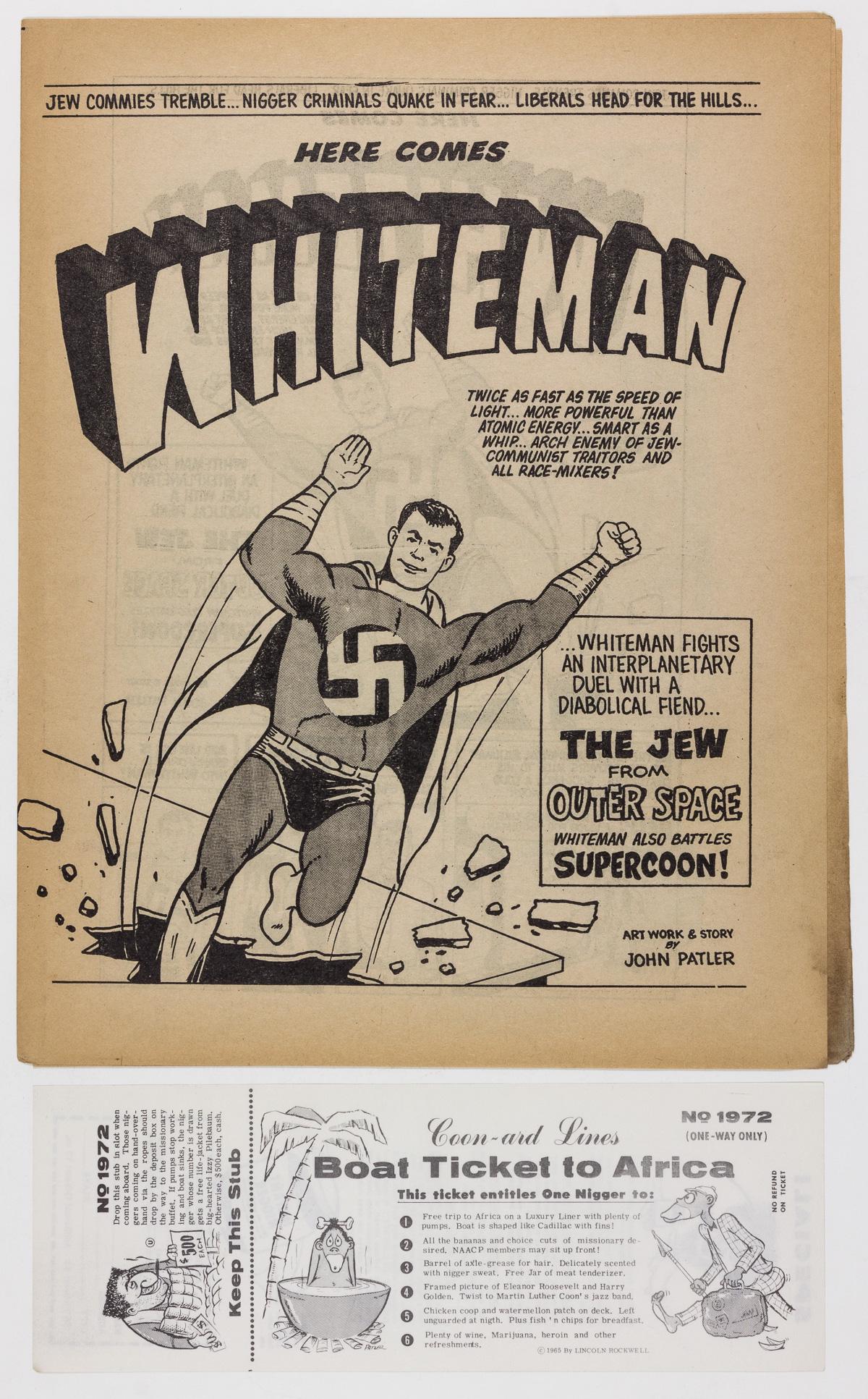 AMERICAN NAZI PARTY EPHEMERA: Two articles of extremely offensive ephemera produced by George Lincoln Rockwell's American Nazi Party, includes: horrible racist, anti-Semitic publication, 'Here Comes Whiteman', by John Patler (Dall