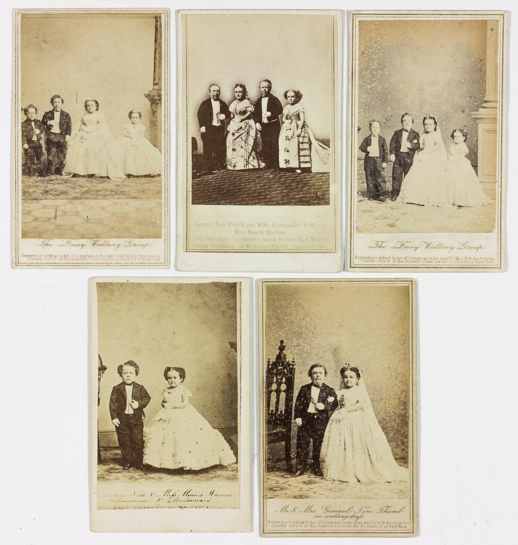 P. T. BARNUM'S "LITTLE PEOPLE": Lot of five cartes de visite picturing midgets employed by circus owner P. T. Barnum in his museum and sideshows, all wedding photos of 'Tom Thumb and Wife', 'Commodore Nutt' and Minnie Warren. Three