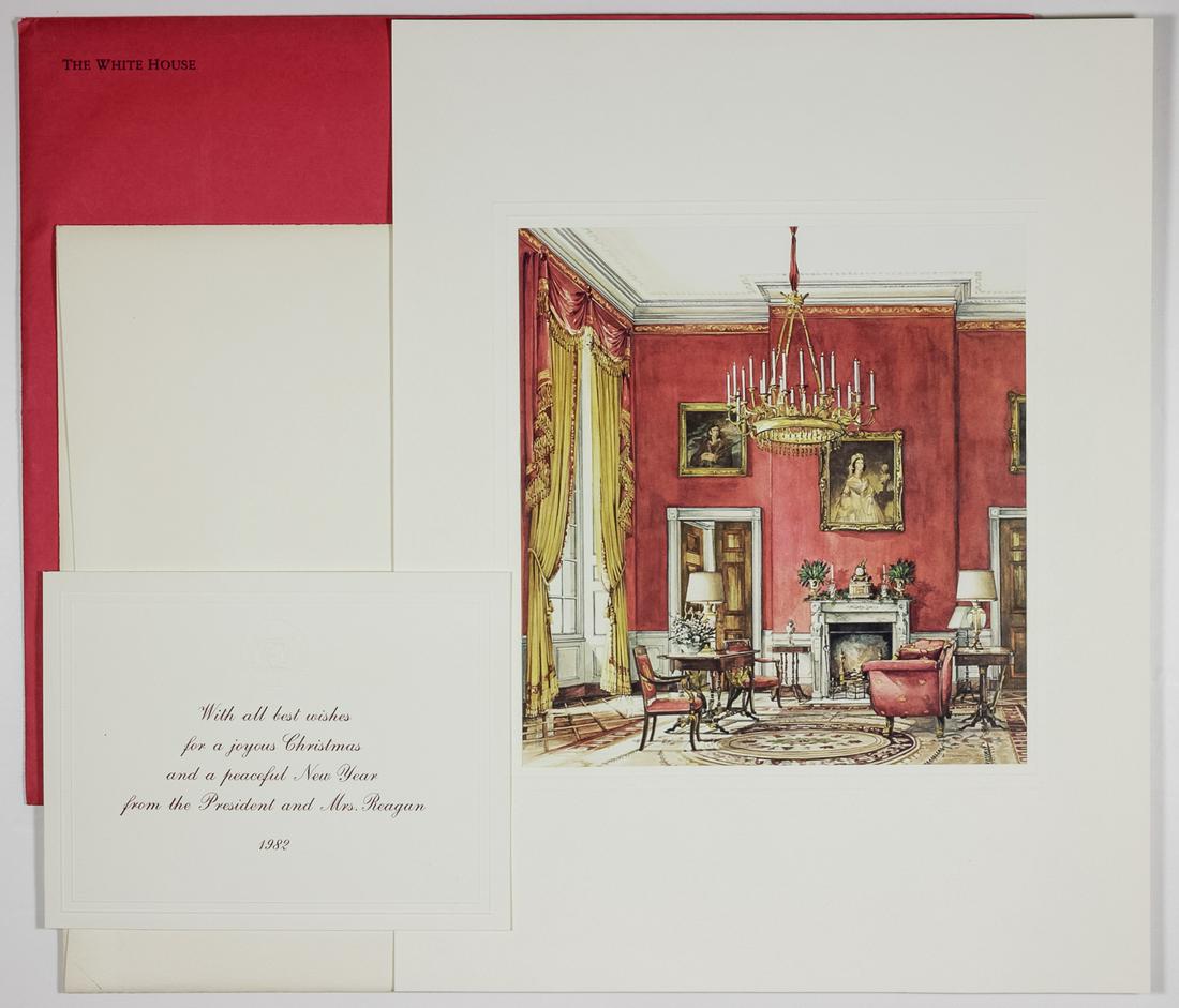 RONALD REAGAN 1982 WHITE HOUSE STAFF CHRISTMAS CARD: Original 1982 White House Christmas gift print card from President Ronald Reagan and Mrs. Reagan, sent to White House staff and VIPs. Includes a 10 1/2' x 13' print of a painting by James Steinmeyer o