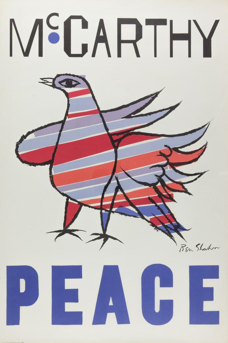 EUGENE MCCARTHY CAMPAIGN POSTER BY BEN SHAHN: Original vintage poster advertising the 1968 presidential campaign of Senator Eugene McCarthy,38 x 25 in., featuring his surname above a dove bedecked in the colors of the American flag, over the slog