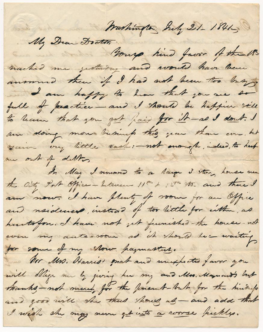 EDWARD MAYNARD: (1813-1891) American inventor known for his breech-loading carbine design and his prominent dentistry practice. A.L.S., 3pp. 4to., Washington, D.C., July 21, 1841, to Chapin A. Harris, co-founder of t