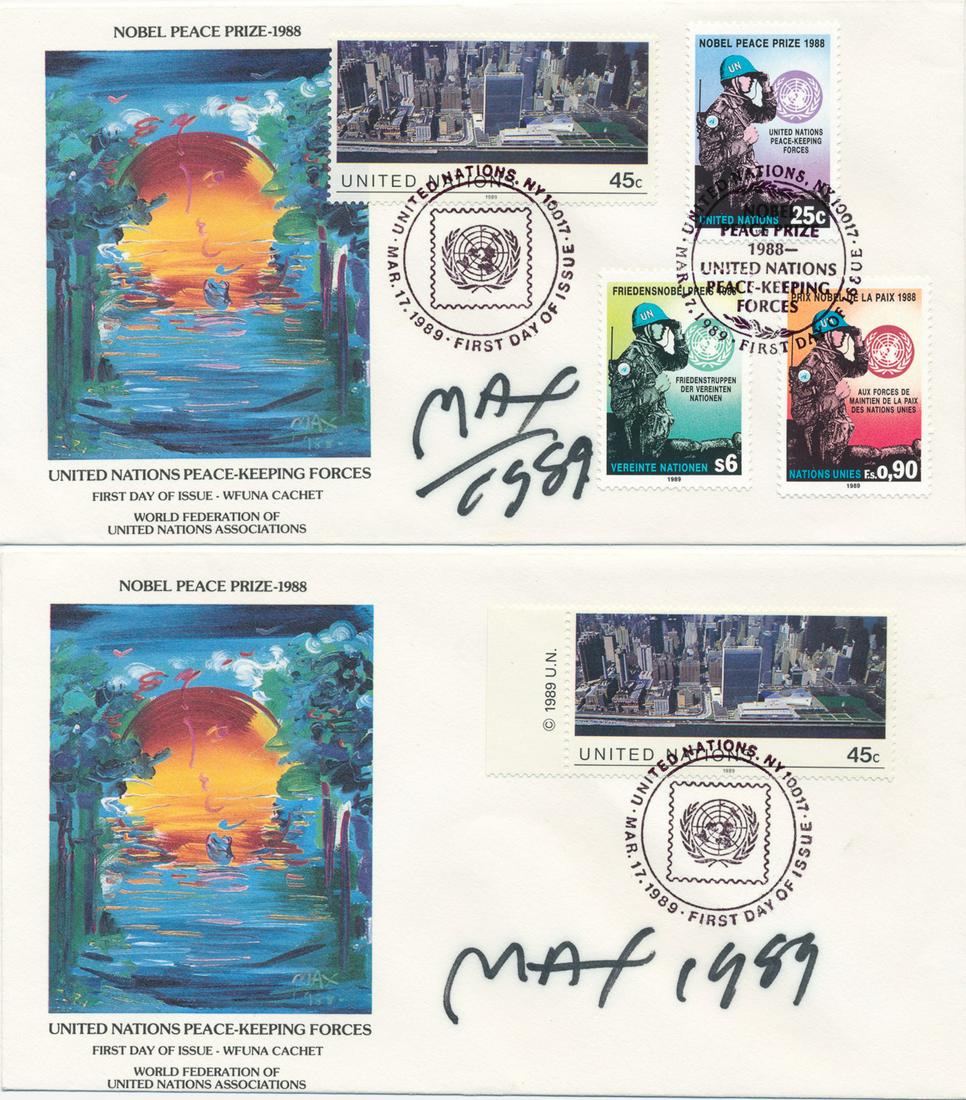 PETER MAX: (b. 1937) American pop artist remembered for his psychedelic posters promoting rock bands and events of the 1960's. Good pair of signed first-day covers, each 6 1/2' x 3 1/2', each signed 'MAX' in bla