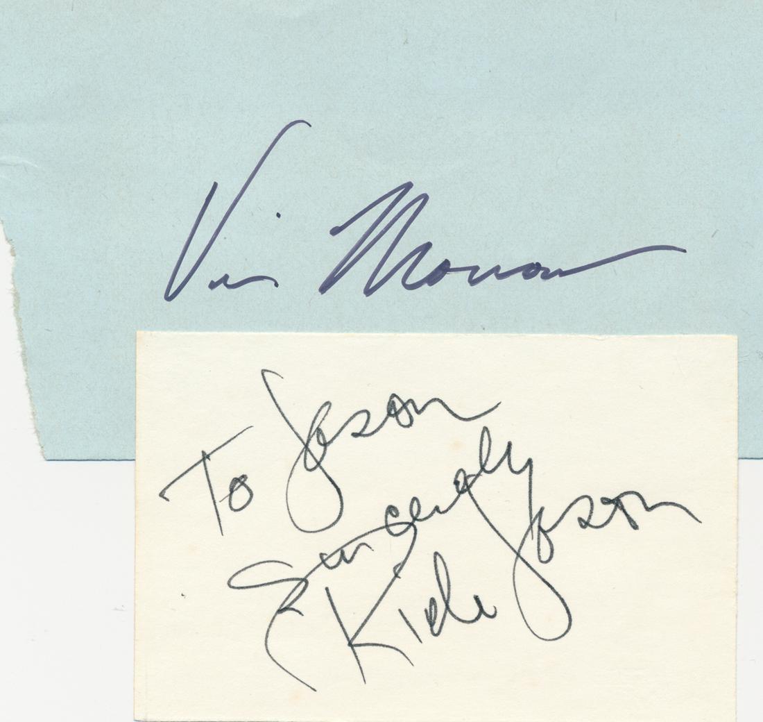 COMBAT! STARS: Good pair of items signed by stars of the ABC World War II television series 'Combat!', includes: VIC MORROW (1929-1982), scarce signature in black ink on an approx. 6' x 4' slip of paper. Shows a fol