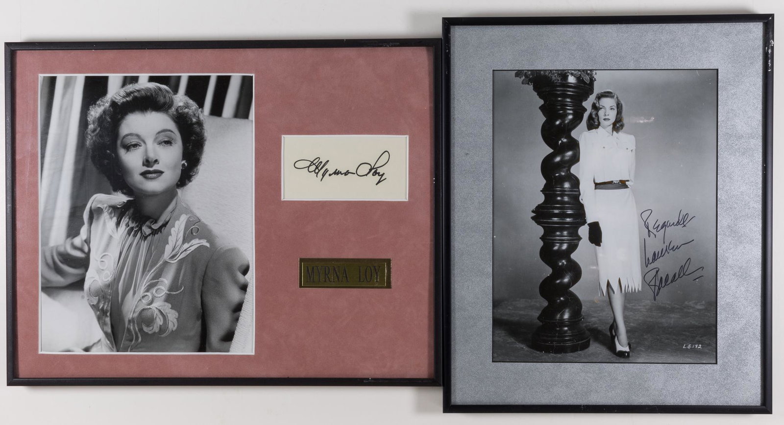 LAUREN BACALL AND MYRNA LOY: Pair of signed items, includes: LAUREN BACALL (1924-2014), S.P., 8' x 10', a still signed later in life; with MYRNA LOY (1905-1993), bold signature matted with a photo. Both framed in black steel. Fin