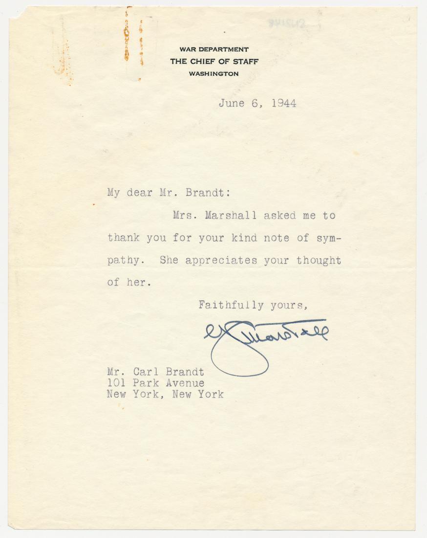 GEORGE C. MARSHALL: (1880-1959) American general and statesman, Roosevelt's Army Chief of Staff during World War II and author of the Marshall Plan which sustained eastern Europe after the war. ON D-DAY, MARSHALL THANKS 