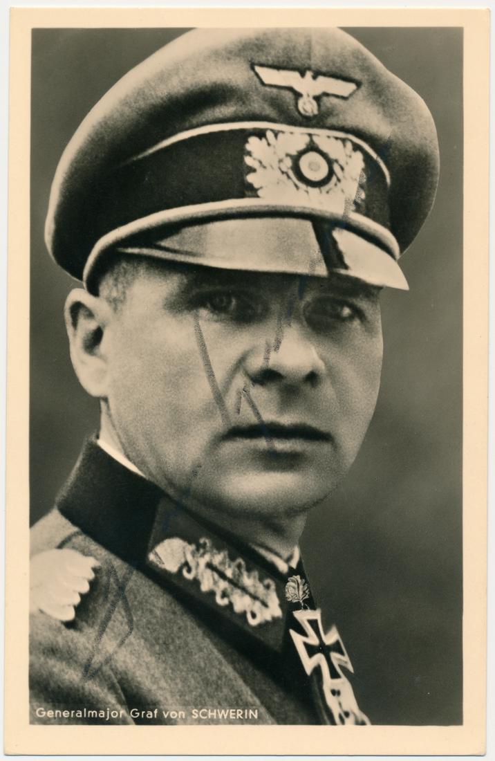 GERHARD VON SCHWERIN: (1899 - 1980) German general, recipient of the Knights Cross with Oak Leaves and Swords. A brilliant commander, he led commandos in North Africa, led Panzer Jager units at Stalingrad, and defended the