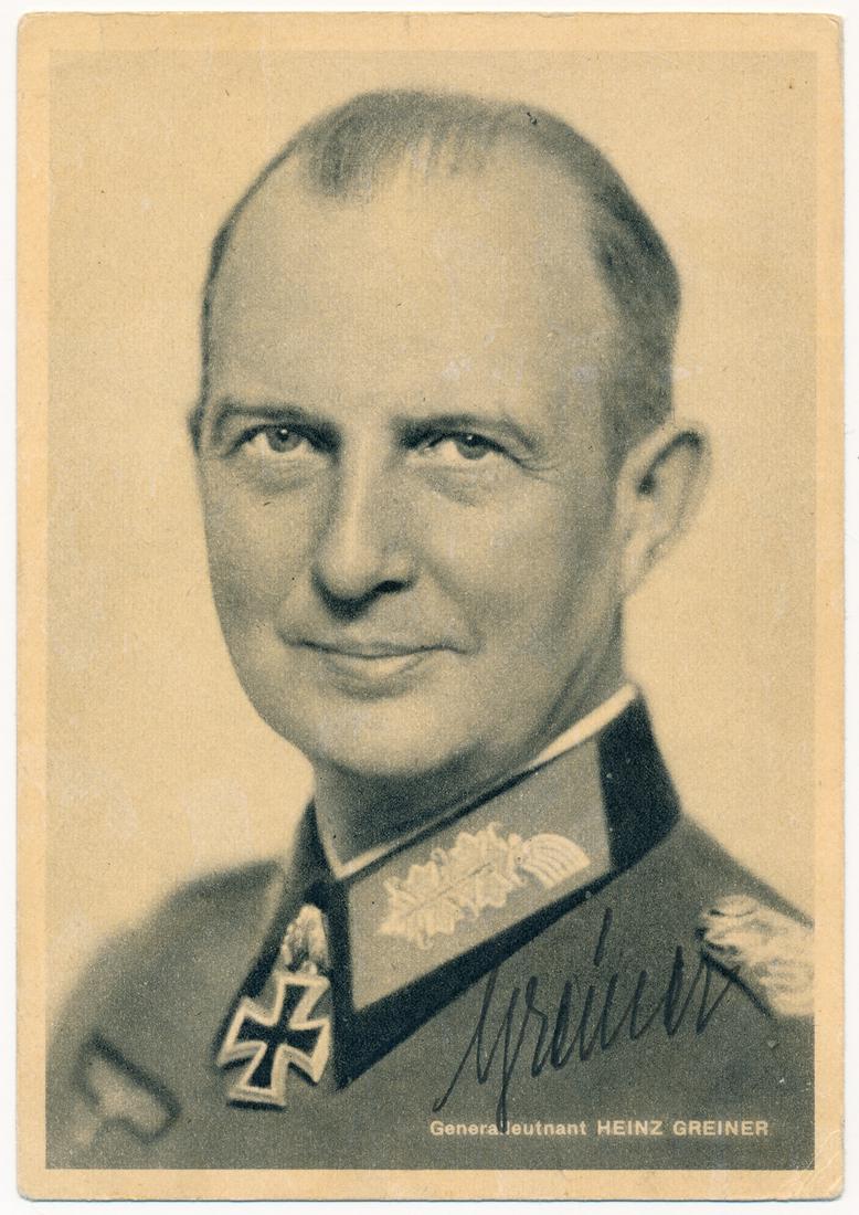 HEINZ GREINER: (1895 - 1977) German general and recipient of the Knight's Cross with Oak Leaves. Greiner's division was destroyed in the Soviet Operation Bagration in the summer of 1944, along with much of Army Grou