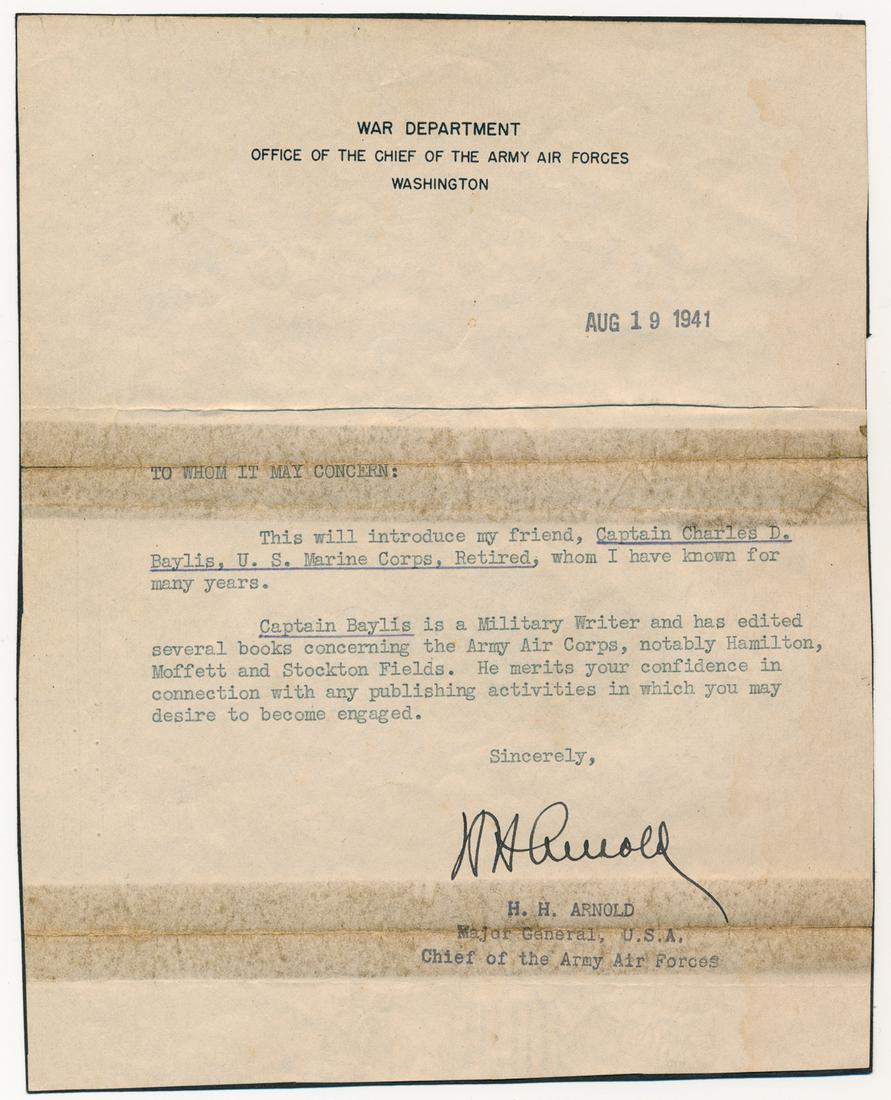 HENRY H. "HAP" ARNOLD: (1886 - 1950) American general, commander of the Army Air Force through most of World War II, responsible for instituting the daylight bombing raids on Germany. War-date typed L.S. on official War Dep