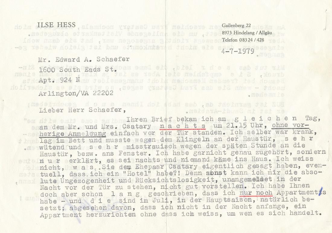 ILSE HESS: (1900-1995) Wife of Rudolf Hess and postwar supporter of the "Stille Hilfe" relief association for fugitive SS officers. Pair of signed items, includes: T.L.S. in German, 2pp. oblong 8vo., Gailenberg,