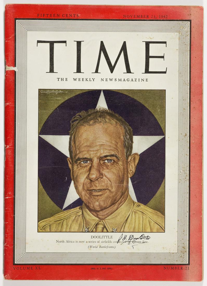JAMES H. DOOLITTLE: (1896-1993) American aviator who gained fame both as a racing pilot and as leader of the first air raid on Tokyo during World War II. Signed magazine, the Nov. 23, 1942 edition of"TIME"Â, featuring a