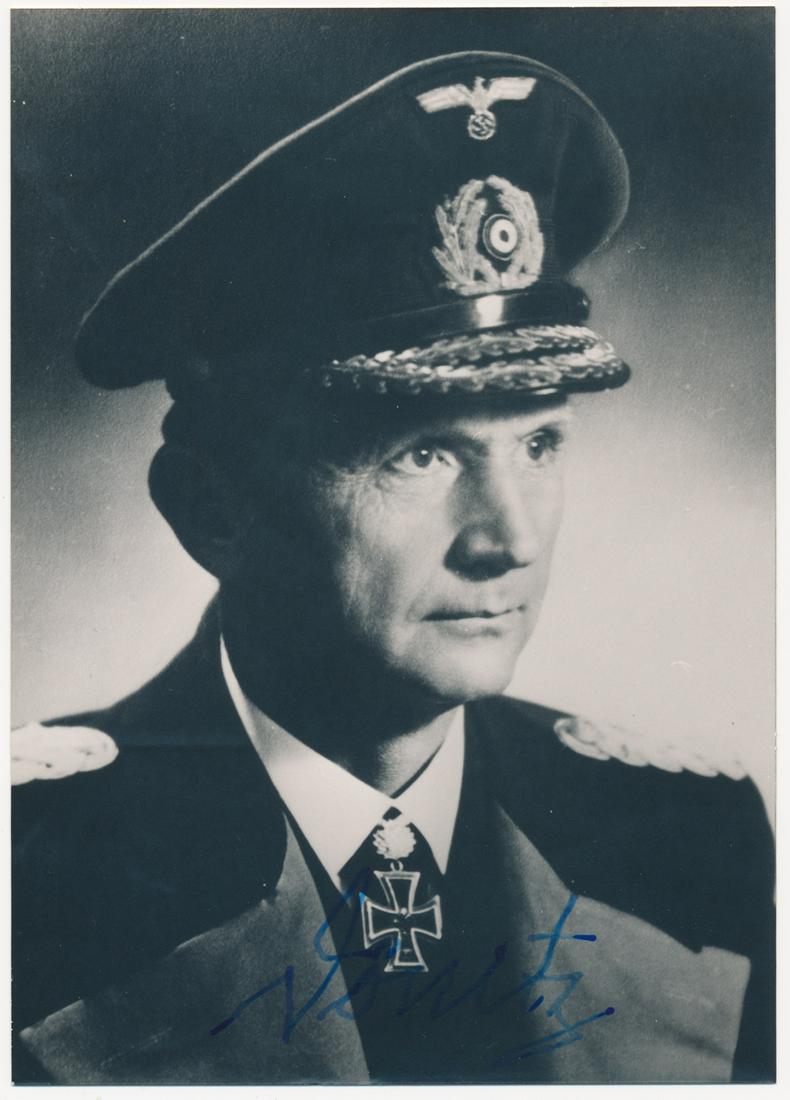 KARL DONITZ: (1891 - 1980) German admiral who headed the U-Boat arm of the German Navy, later succeeded Hitler as Fuhrer after Hitler's suicide. S.P. "Donitz", 4 x 5.75 in. b/w, a chest up view of Donitz in full u