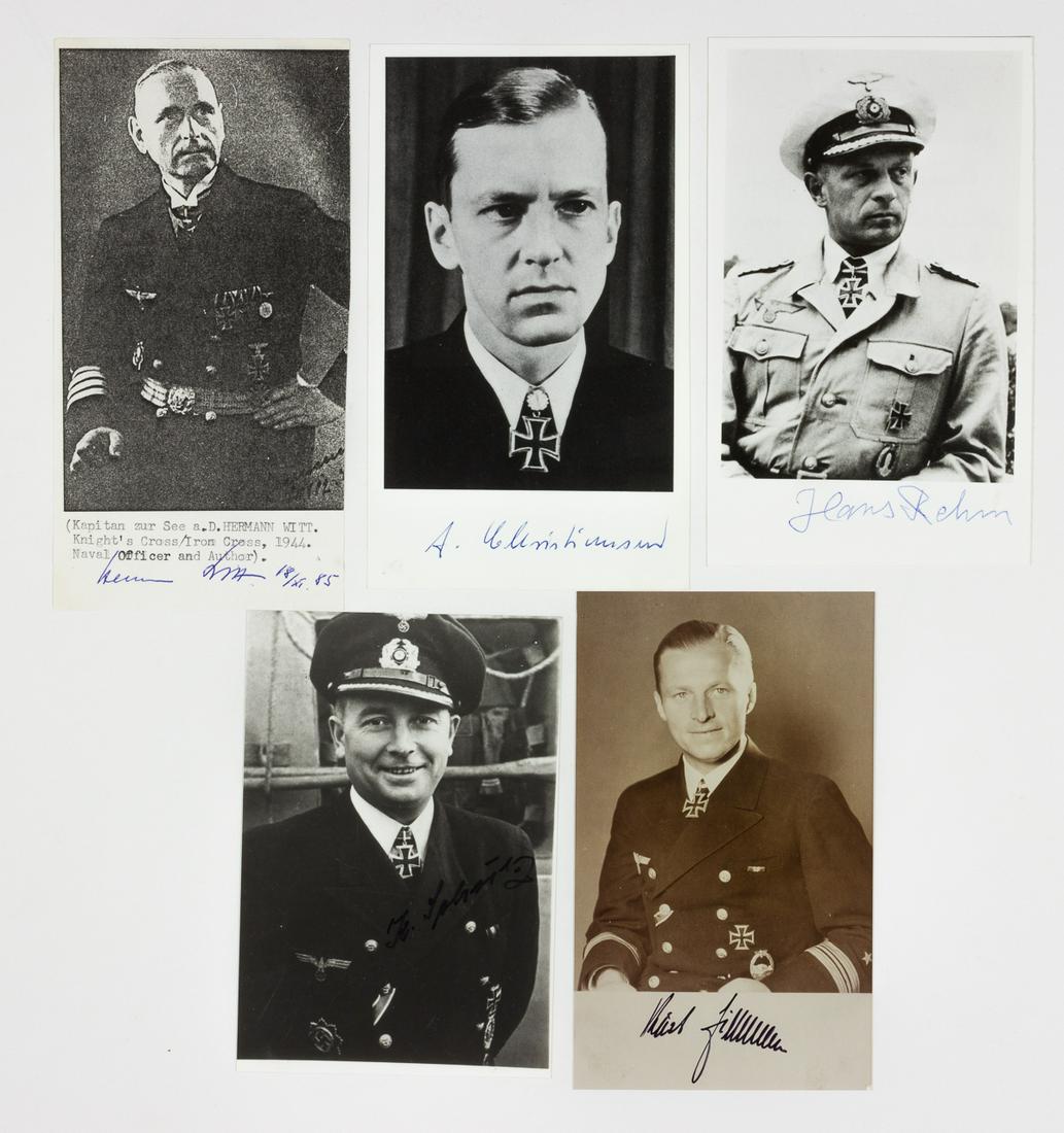 KRIEGSMARINE KNIGHTS CROSS RECIPIENTS (5): Lot of five signed photographs of Knights Cross recipients, most approx. 4 x 6 in., includes: KARL SCHULZ (Kriegsmarine), KURT TIMMEN (Kriegsmarine), HANS REHM (Kriegsmarine), HERMANN WITT (Kriegsmari