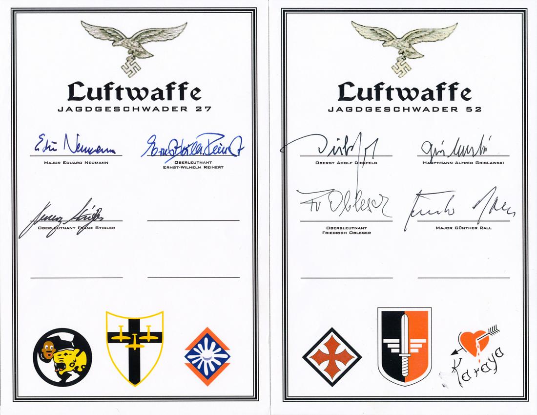 LUFTWAFFE ACES: Excellent lot of eight 5.5 x 9 in. bookplates, each signed by three or more famous Luftwaffe pilots, most being Knights Cross recipients. Includes: Me 262 pilots FRANZ STIGLER, KARL HEINZ SCHNELL, and