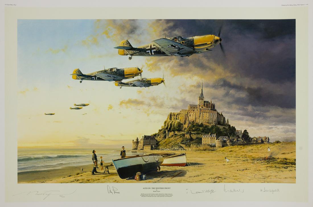 LUFTWAFFE ACES: Excellent limited-edition color print of ROBERT TAYLOR's "Aces on the Western Front", 36 x 25 in., no. 862/1250, depicts Luftwaffe flying low over the Normandy coastline in 1941. Bears the signatures 
