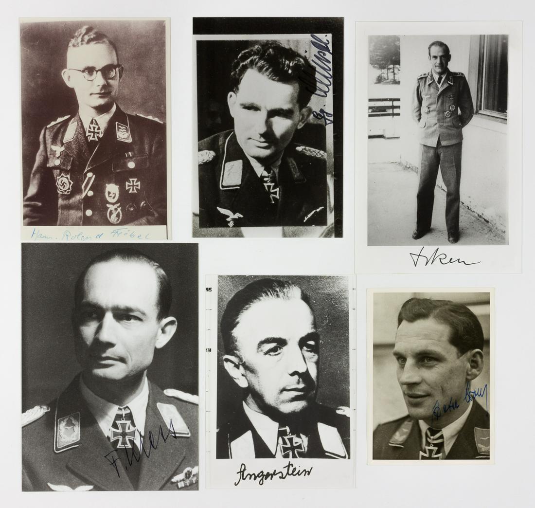 LUFTWAFFE KNIGHTS CROSS RECIPIENTS (6): Lot of six signed photographs of Knights Cross recipients, most approx. 4 x 6 in., includes: FREIDRICH KLESS (Luftwaffe), EDUARD ISKEN (Luftwaffe), PETER BROICH (Luftwaffe), HANS-ROLAND FROBEL (Luftwa