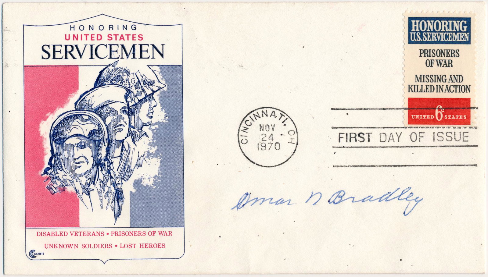 OMAR N. BRADLEY: (1893 - 1981) American general of World War II who commanded the largest ground force ever led by one man. He was later Chairman of the Joint Chiefs. Signed F.D.C., 1p. oblong 12mo., Cincinnati, Nov. 