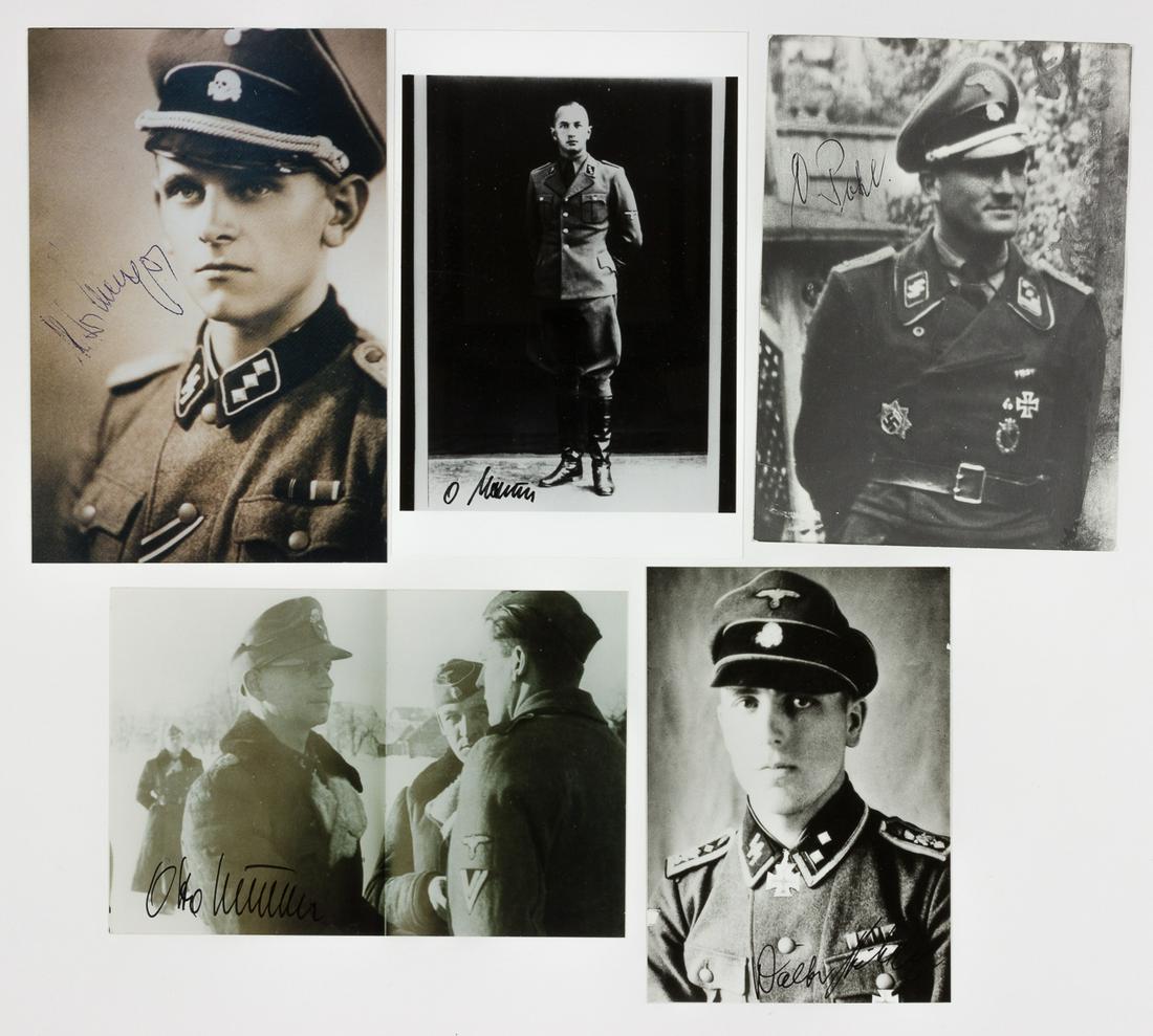 SS KNIGHTS CROSS RECIPIENTS (5): Lot of five signed photographs of Knights Cross recipients, most approx. 4 x 6 in., includes: KURT MEYER (SS; signed on the recto and verso), OTTO BAUM (SS), OTTO KUMM (SS), WALTER PITSCH (SS), and OR