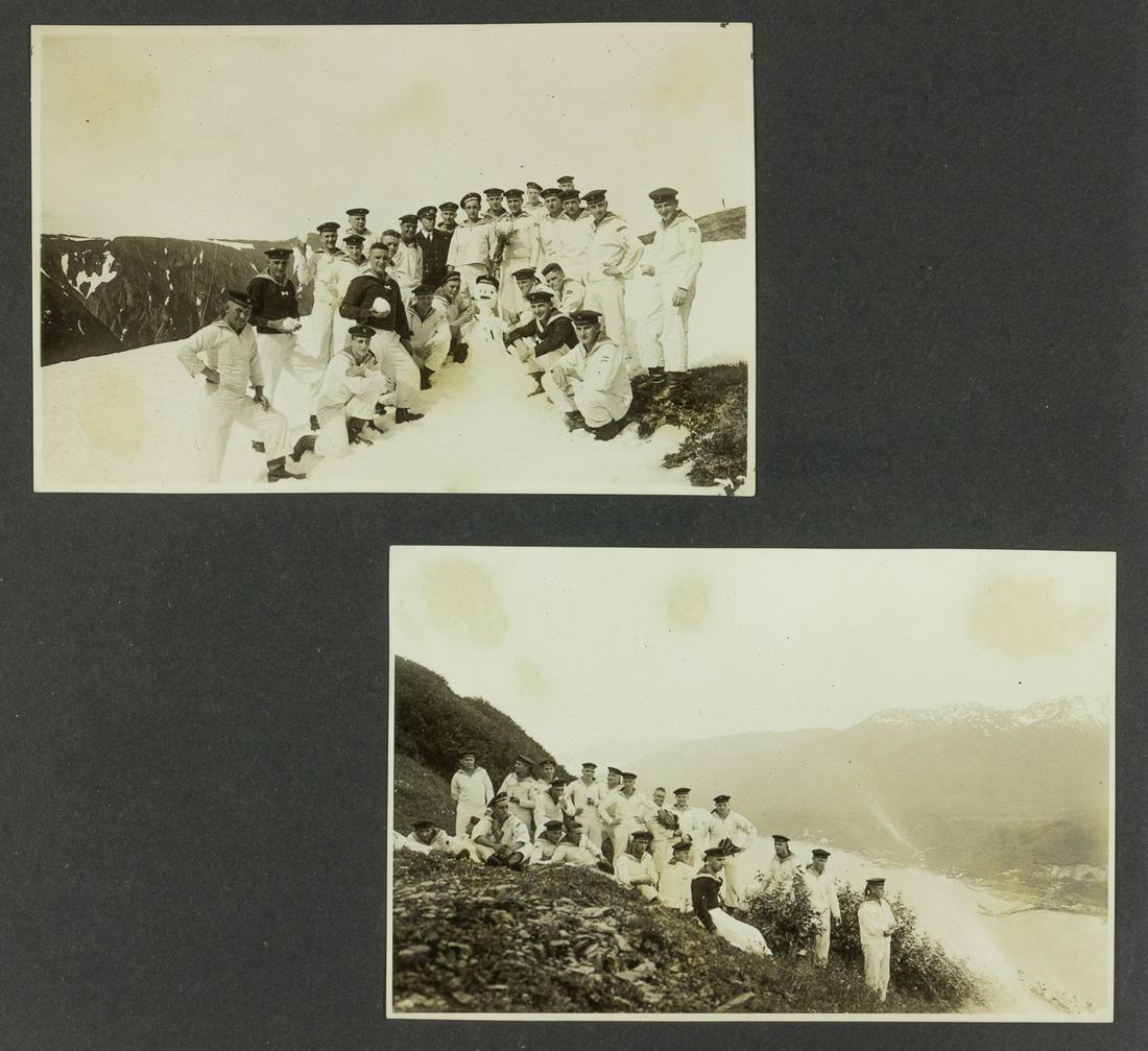 GERMAN CRUISER EMDEN PHOTOGRAPH ALBUM FROM ALASKA, 1927: Photograph album compiled by a crew member of the German light cruiser EMDEN and documenting part of her 1927 world voyage. This album includes images from her visit to Alaska, most about 4 x 6 in., a