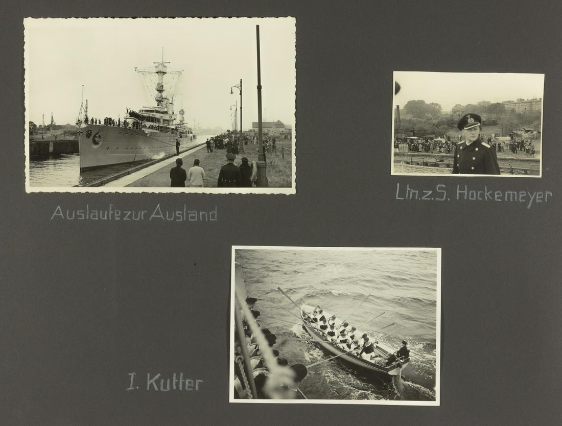 PHOTOGRAPH ALBUM OF GERMAN CRUISER EMDEN: Professional quality photograph album detailing the training voyage of the German cruiser EMDEN which sailed from the Mediterranean to the Italy, Turkey, and the Far East from October, 1936 until Apri