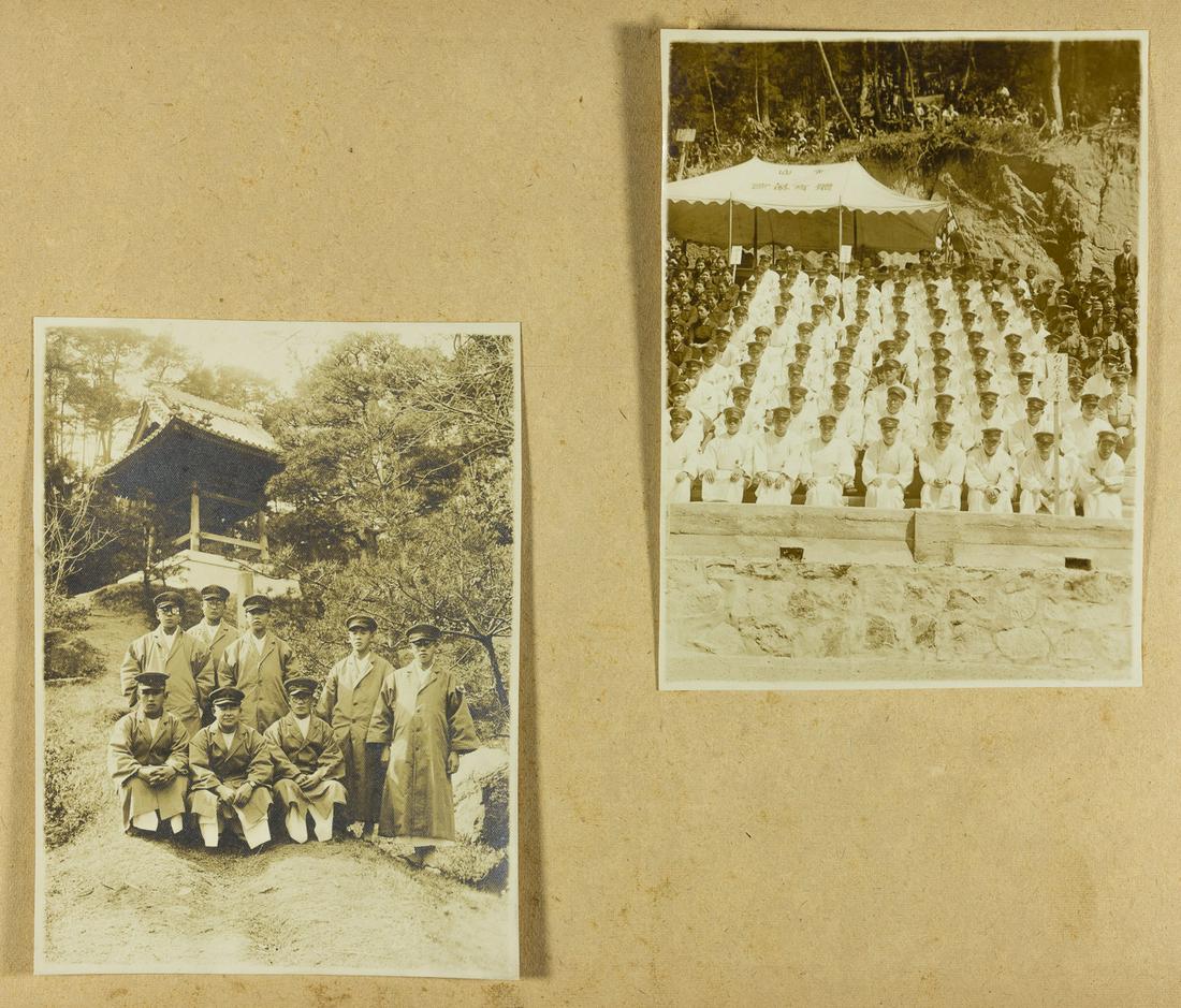 JAPANESE SOLDIER IN MONGOLIA PHOTOGRAPH ALBUM: Photograph album assembled by a Japanese soldier who served in the occupation of Mongolia. The 13.5 x 10 in. album contains within 73 images, virtually all military-related. Most of the images show th