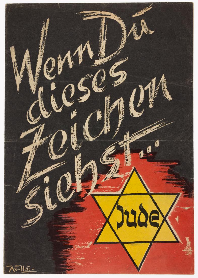 WHEN YOU SEE THIS SIGN...: WHEN YOU SEE THIS SIGN... Chilling propaganda flyer, 4pp. large 4to., [n.p., n.d.] bearing on the cover the infamous yellow Star of David with "Jude" printed within, worn by Jews in Germany, with the 