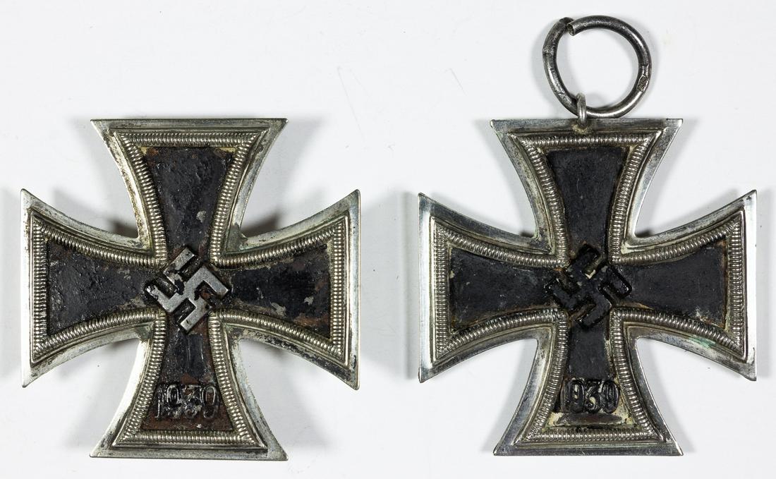 IRON CROSSES, FIRST AND SECOND CLASS: Good pair of Iron Crosses, includes: Iron Cross, First Class, silver frame, vertical coke-bottle pinback, marked "65" by maker Klein & Quenzer, Idar-Oberstein. Shows repainting on right arm, minor pai