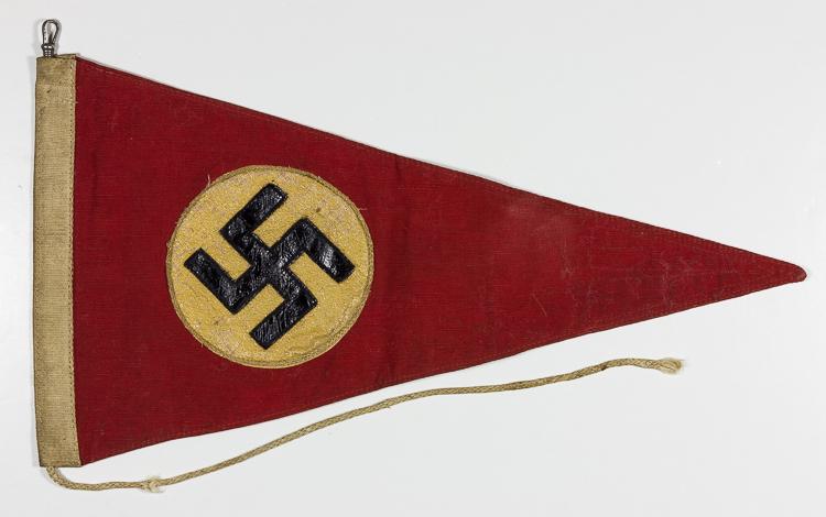 RUBBERIZED N.S.D.A.P. PENNANT: Unusual "weatherproofed" NSDAP pennant, 14" x 7 1/2", heavy cotton three-piece high quality construction with sewn-on white field and swastika, both bearing a relatively rarely-seen rubberized coating