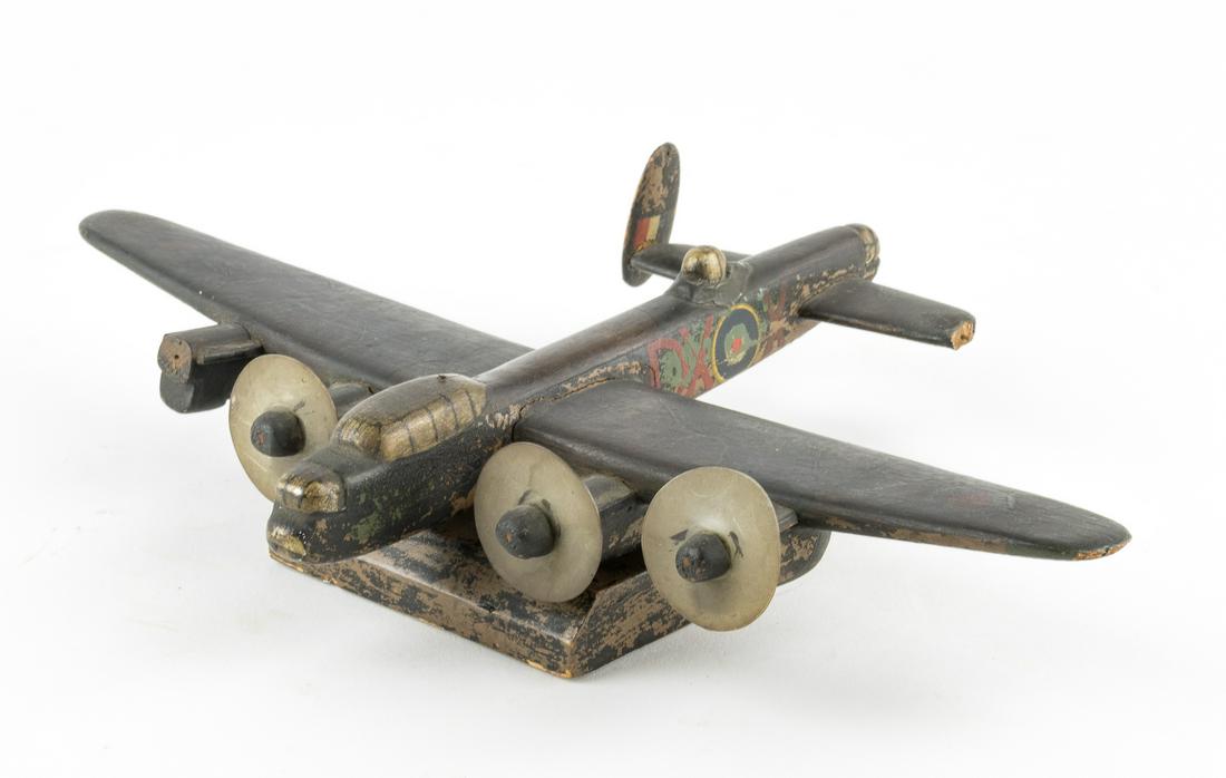 (DAM BUSTERS) STEPHEN BURNS' LANCASTER MODEL - A GIFT: STEPHEN BURNS (1921-1943) British Flight Sergeant, Rear Gunner of Lancaster ED936/G AJ-H of 617 Squadron on the Dambusters Raid, 16th May 1943. A most evocative original wooden painted model of an Avr