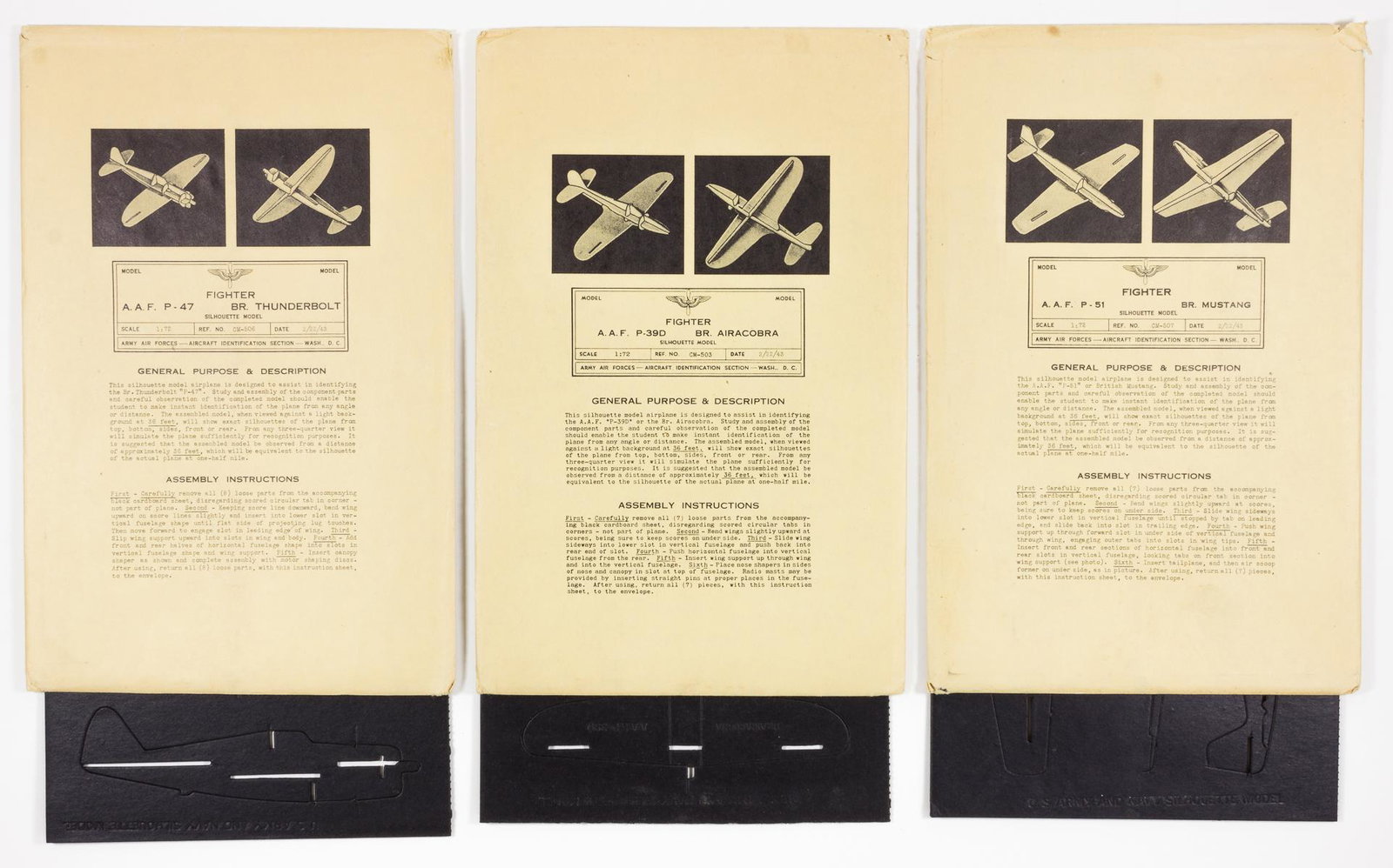 AMERICAN FIGHTER AIRCRAFT CARDBOARD SILHOUETTE MODELS: Good lot of three scarce early-World War II American 1:72 scale identification models, each depicting a fighter aircraft, including the Republic P-47 Thunderbolt, the Bell P-39 Airacobra, and North Am