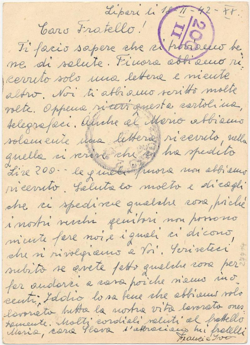 POSTCARD MAILED FROM THE ITALIAN PRISON ISLAND OF: Scarce piece of World War II-era ephemera, a 4 ¼" x 5 ¾" postcard, dated Feb. 18, 1942, addressed from the "Campo di Concentramento" ("concentration camp") located on the Italian island 