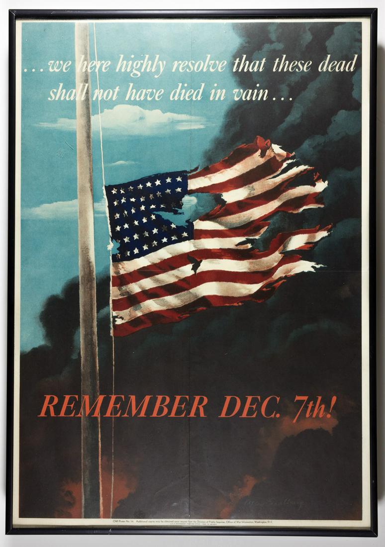 REMEMBER DEC. 7TH! PROPAGANDA POSTER: Original American World War II propaganda poster in black frame, 13.75 x 19.5 in. (sight), showing a tattered 48-star American flag at half mast, with an enormous plume of black smoke in the backgroun