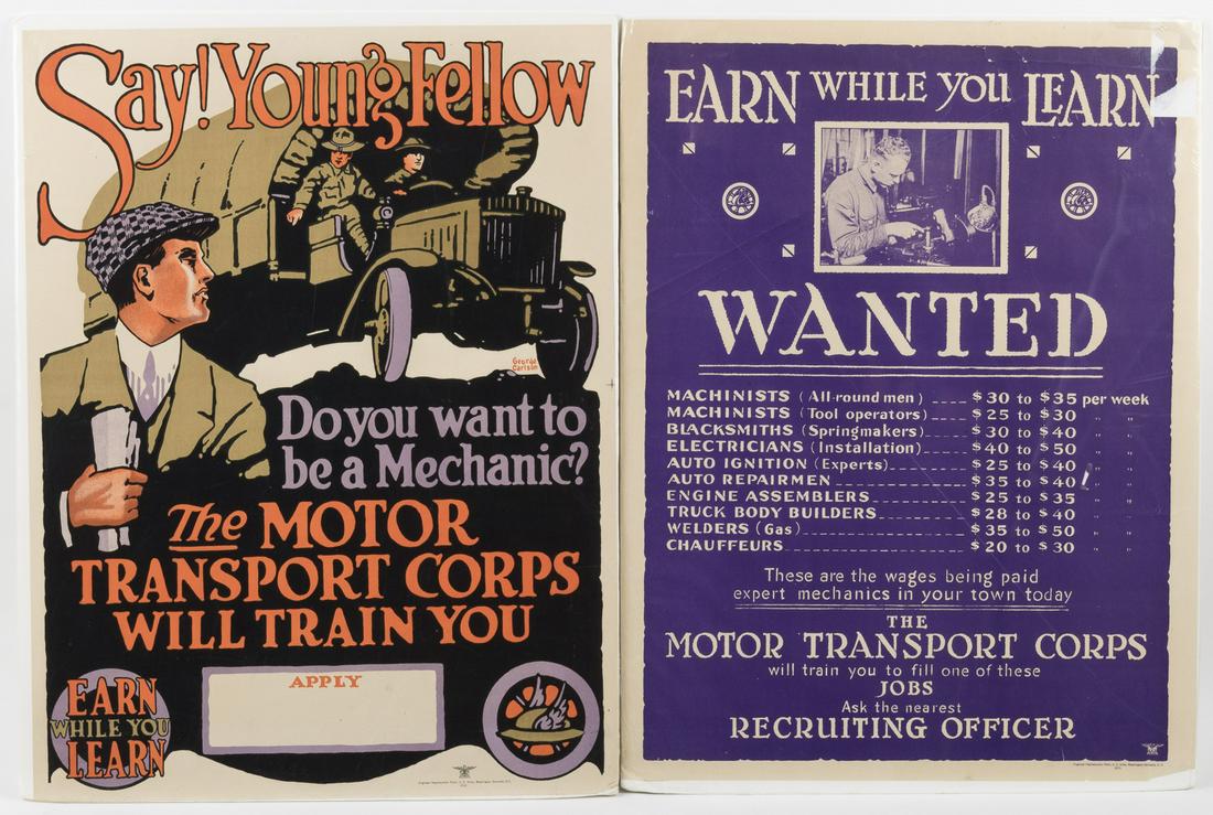U.S. MOTOR TRANSPORT CORPS RECRUITING POSTERS (2): Good pair of original World War I-era recruiting posters, each soliciting volunteers for the U.S. Army's Motor Transport Corps, a division of the U.S. Quartermaster Corps formed in August of 1918 and