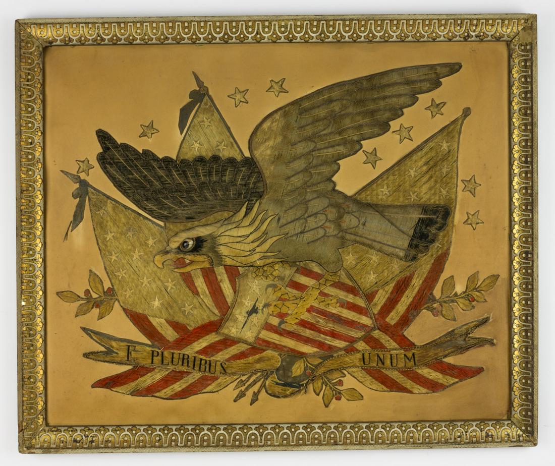 U.S. SAILOR'S PATRIOTIC SOUVENIR EMBROIDERY FROM JAPAN,: A great nineteenth-century silk embroidery, showing a large federal eagle, crossed flags, and the United States motto"E PLURIBUS UNO"Â, created and sold by"H. IMAMURA"Â in Nagasaki, Japan, ca. 1890,