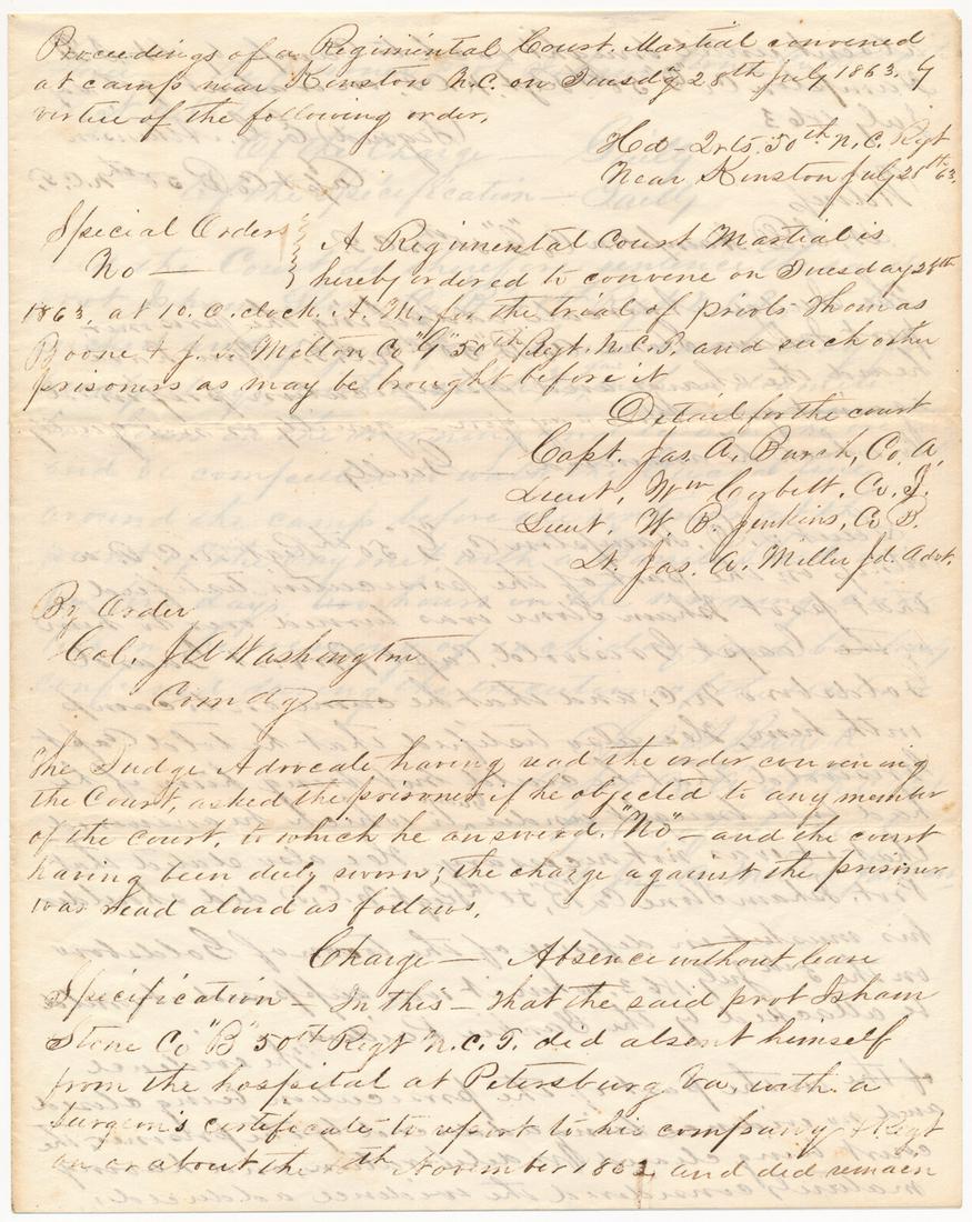 CONFEDERATE COURT MARTIAL - PRISONER TO BE "BUCKED AND: Retained copy of a Confederate court martial document, 4pp. 4to., Camp Near Kingston, N.C., July 28th, 1863, in which Confederate soldier Isham Stone, Company "B", 50th North Carolina is put on trial 