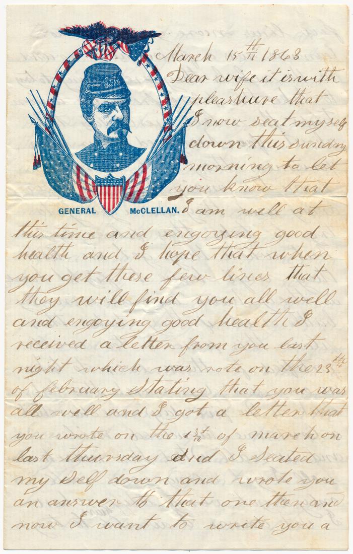 BATTLE OF FORT ANDERSON SOLDIER'S LETTER: Union soldier's letter on patriotic letterhead, 4pp. 8vo., [n.p.], Mar. 15, 1863. Amos Hockensmith writes his wife, in part: "...yesterday the cannons were firing all around us the rebels the are a go