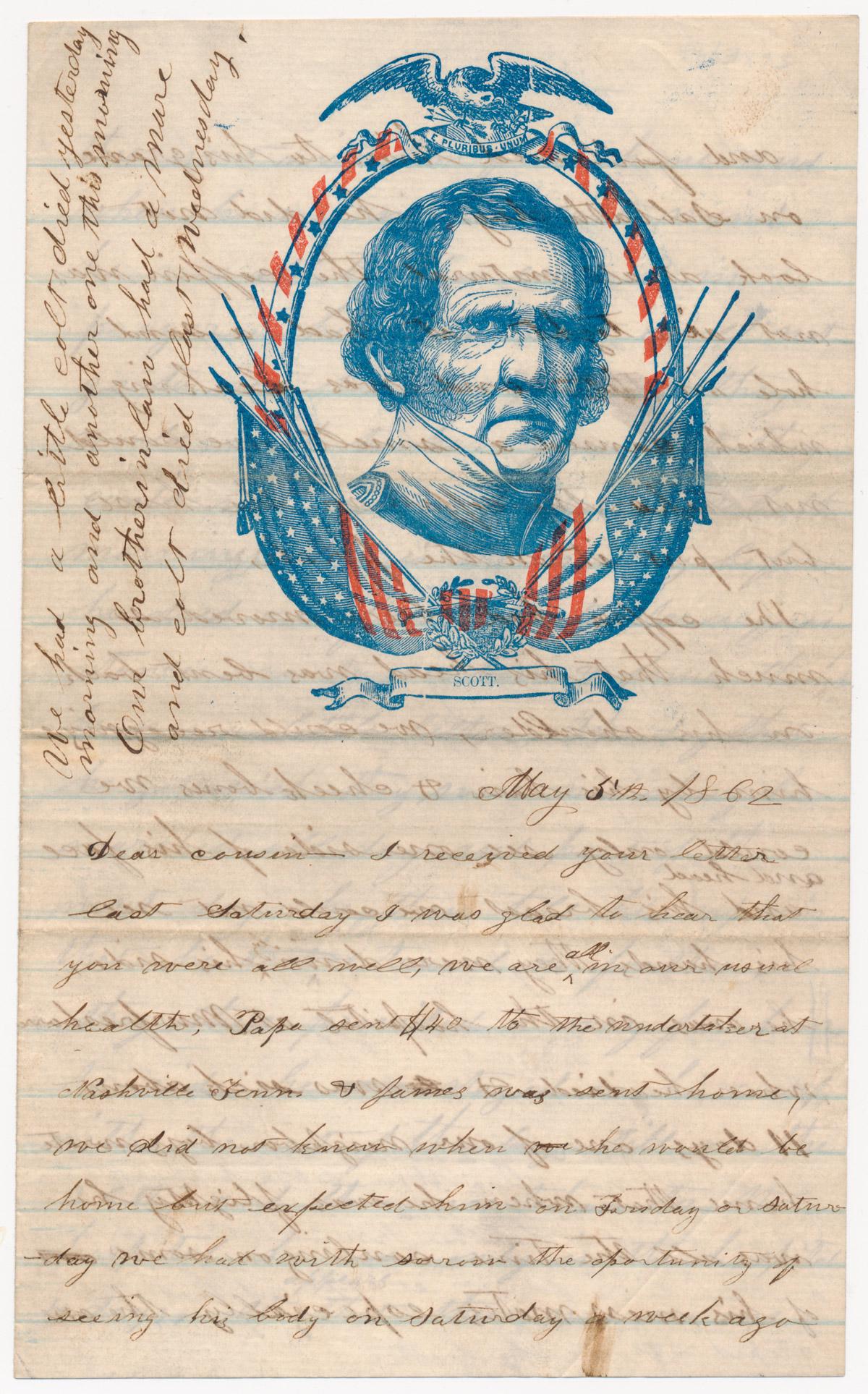 CIVILIAN DESCRIBES BROTHER'S ILLNESS, DEATH, AND RETURN: Somber A.L.S., 4pp. 8vo., [n.p.], May 5, 1862, a letter from an unnamed civilian to his cousin regarding the illness and death of his brother, James. The letter begins with a description of the coffin