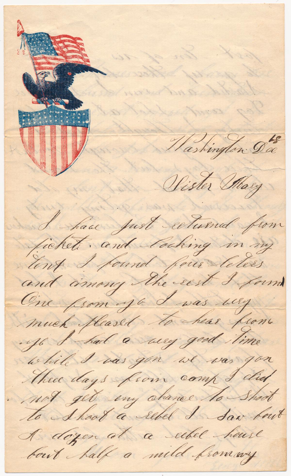 COMEDIC UNION SOLDIER EATS DATED HARDTACK: Humorous A.L.S. on patriotic letterhead, 3pp. 8vo., Washington D.C., Dec. 18, [n.y.], sent by George Webb to sister Mary, reading in part:"...our crackers are dated: I found one the date was 1807. Cla